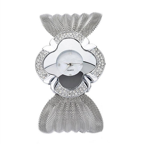 Silver Flower Shape Mirror Dial Diamond Grid Strap Quartz Watch For Women Watches