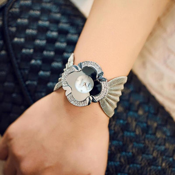 Silver Flower Shape Mirror Dial Diamond Grid Strap Quartz Watch For Women Watches