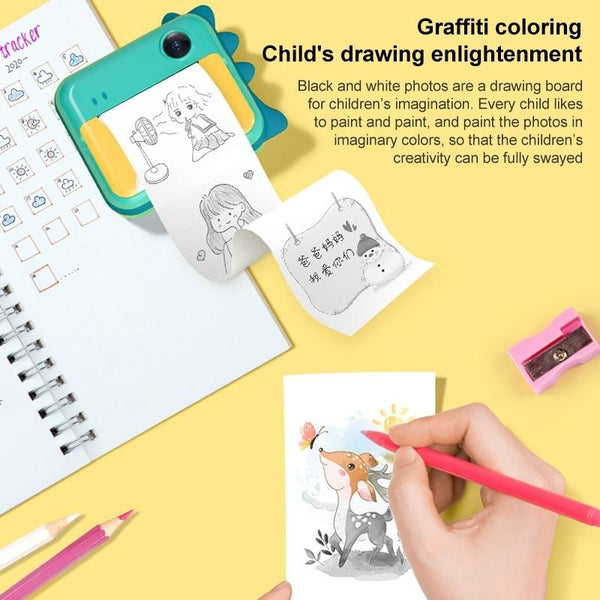 Instant Camera For Kids With Dual Lens Mini Print Green Dinosaur Design Digital Cameras