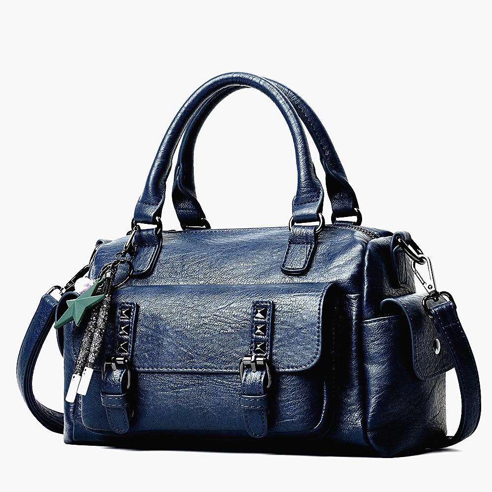 Large Capacity Crossbody Shoulder Bag In Pebbled Leather Navy Blue Women's Bags & Handbags