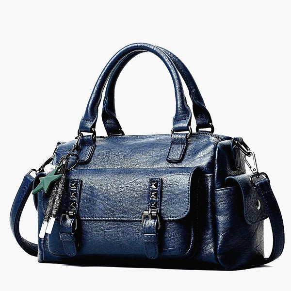 Large Capacity Crossbody Shoulder Bag In Pebbled Leather Navy Blue Women's Bags & Handbags