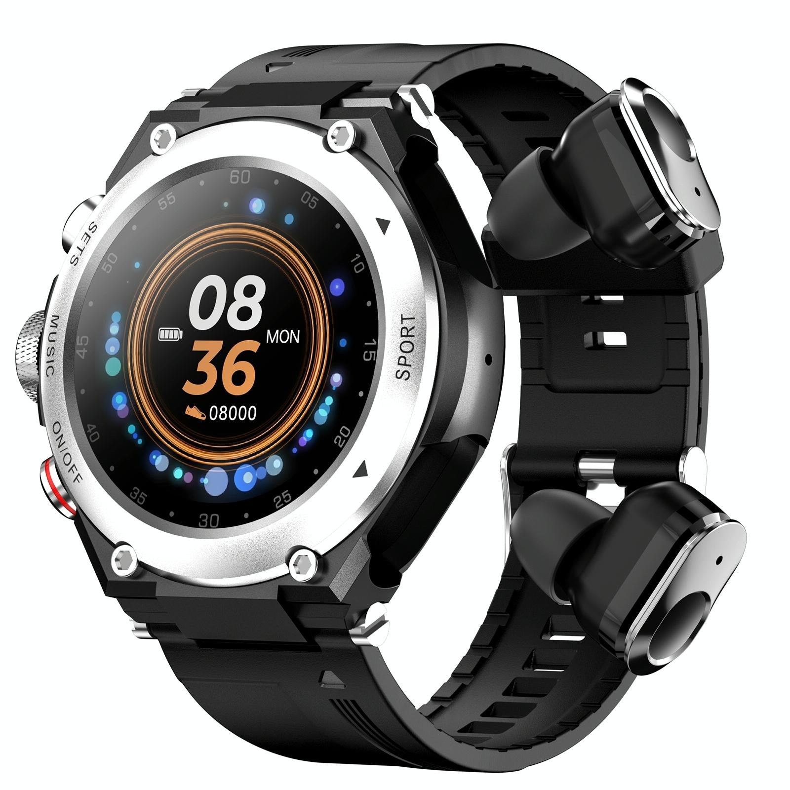 1.28 Inch Ips Touch Screen Bluetooth Headset Smart Watch Support Heart Rate Monitoring Music Silver Smart Watches