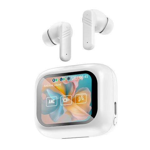 Wireless Bluetooth Earphones With Touch Screen Anc And Dual Noise Reduction White Earbuds