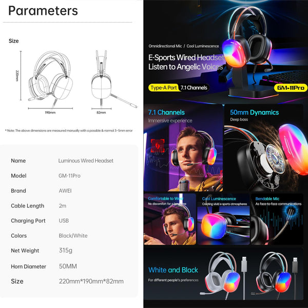 Pro Luminous Wired 2M Cable White Headphones