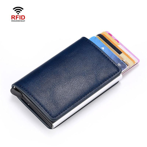 Automatic Rfid Blocking Card Holder With Coin Pocket Blue Wallets