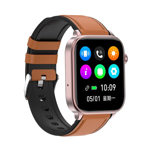1.96 Inch Colour Screen Smart Watch Leather Strap Support Bluetooth Call Ecg Brown Smart Watches