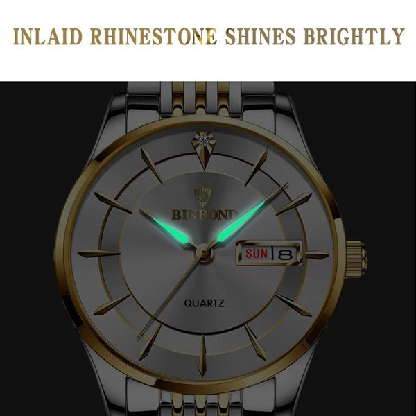 Waterproof Quartz Men Watch With Luminous Butterfly Buckle And Steel Belt 30M Inter Gold Black Watches
