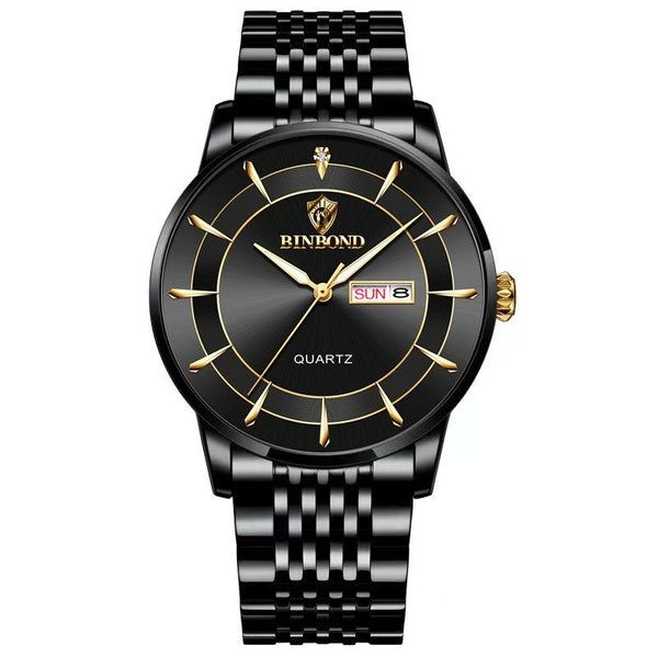 Waterproof Quartz Men Watch With Luminous Butterfly Buckle And Steel Belt 30M Inter Gold Black Watches