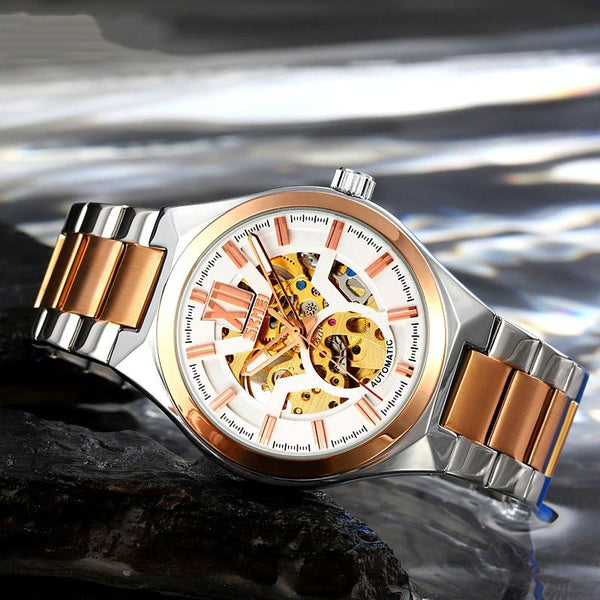 Men Automatic Mechanical Watch With Two Tone Stainless Steel Strap Middle Rose Gold Shell Silver Surface Watches