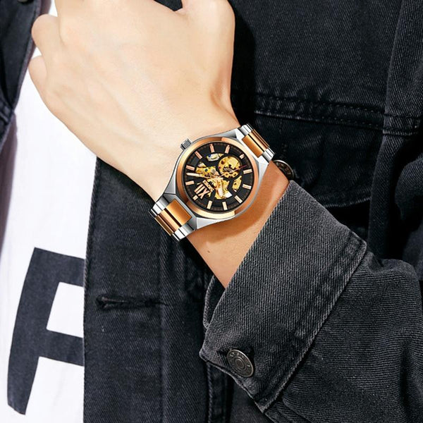 Men Automatic Mechanical Watch With Two Tone Stainless Steel Strap Middle Rose Gold Shell Silver Surface Watches