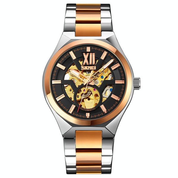 Men Automatic Mechanical Watch With Two Tone Stainless Steel Strap Middle Rose Gold Shell Silver Surface Watches