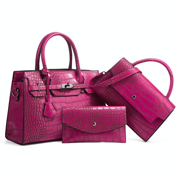Large Capacity 3 In 1 Crocodile Print Crossbody Tote Diagonal Design Rose Red Women's Bags & Handbags