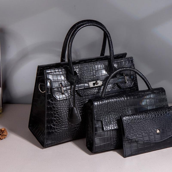 Large Capacity 3 In 1 Crocodile Print Crossbody Tote Diagonal Design Rose Red Women's Bags & Handbags