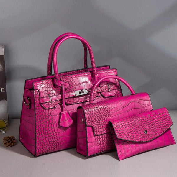 Large Capacity 3 In 1 Crocodile Print Crossbody Tote Diagonal Design Rose Red Women's Bags & Handbags