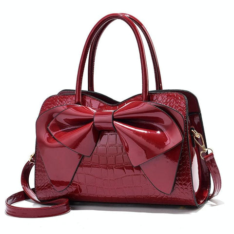 Leather Ladies Handbag Bright Bow Design Red Wine Women's Bags & Handbags