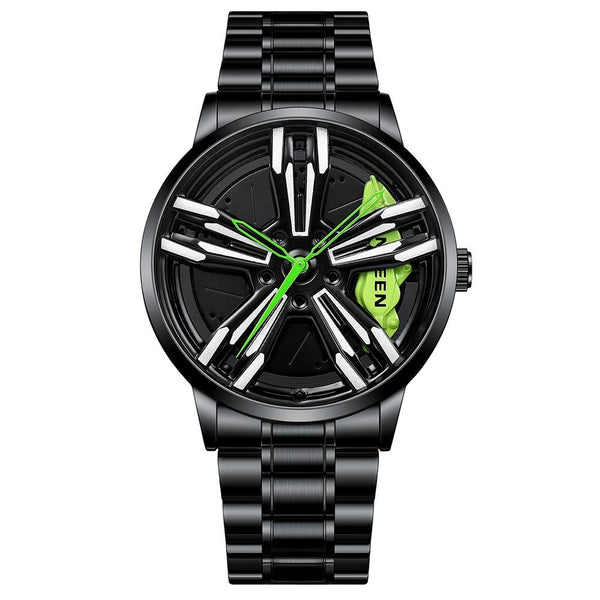 Men Metal Motorcycle Watch With Rotating Hub Black Steel Green Surface Watches