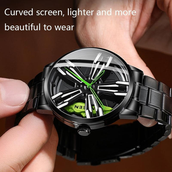 Men Metal Motorcycle Watch With Rotating Hub Black Steel Green Surface Watches