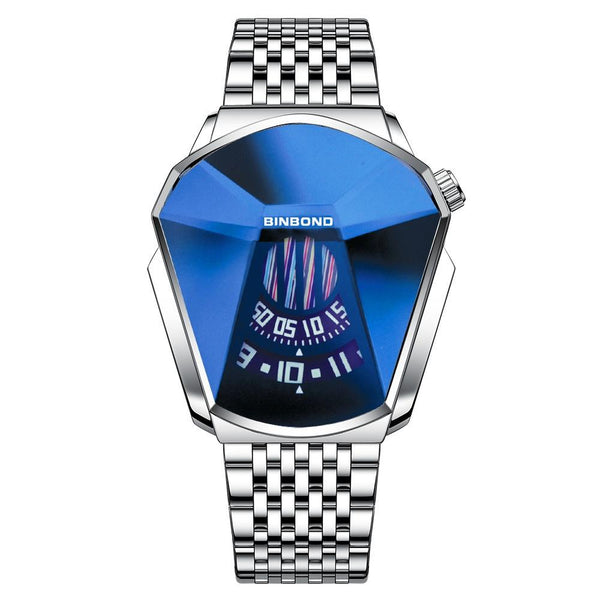 Men Diamond Dial Quartz Watch Locomotive Concept White Steel Blue Surface Watches