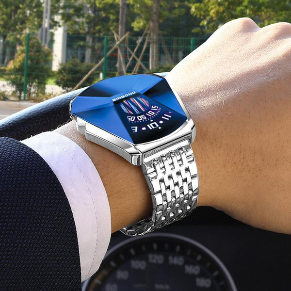Men Diamond Dial Quartz Watch Locomotive Concept White Steel Blue Surface Watches