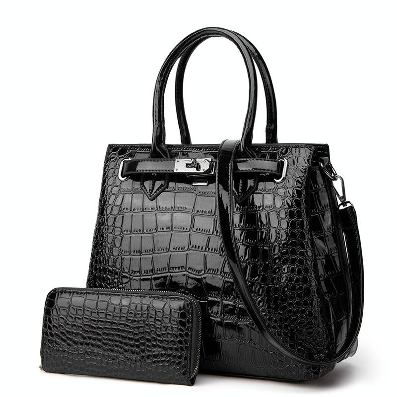 Large Capacity 2 In 1 Crocodile Patent Leather Shoulder Bag Black Women's Bags & Handbags
