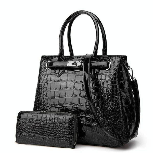Large Capacity 2 In 1 Crocodile Patent Leather Shoulder Bag Black Women's Bags & Handbags