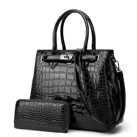 Large Capacity 2 In 1 Crocodile Patent Leather Shoulder Bag Black Women's Bags & Handbags