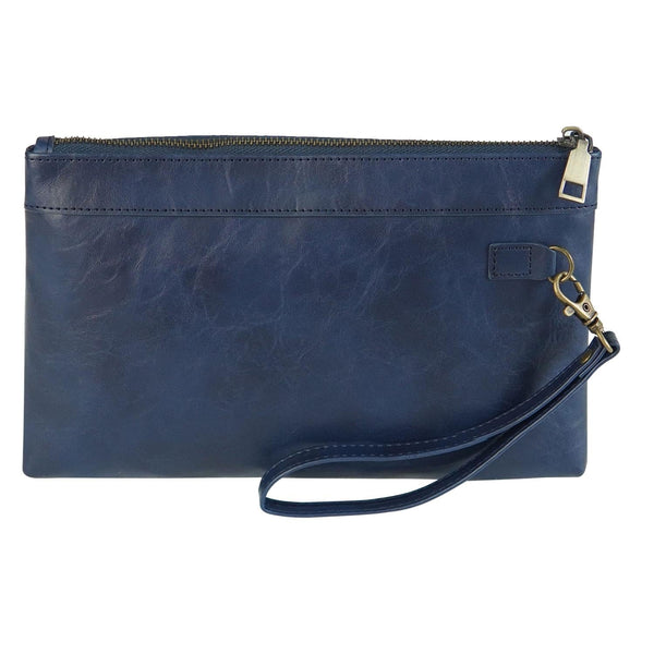 Leather Envelope Clutch With Zipper Closure Dark Blue Wallets