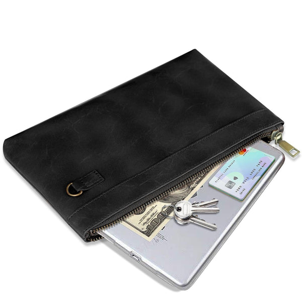 Leather Envelope Clutch With Zipper Closure Dark Blue Wallets