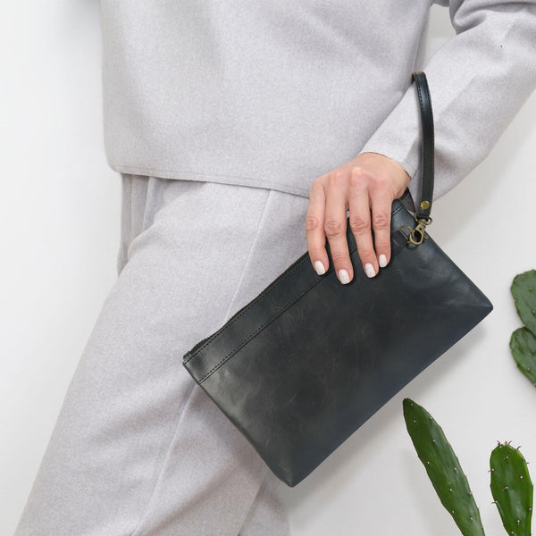 Leather Envelope Clutch With Zipper Closure Dark Blue Wallets