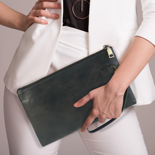 Leather Envelope Clutch With Zipper Closure Dark Blue Wallets