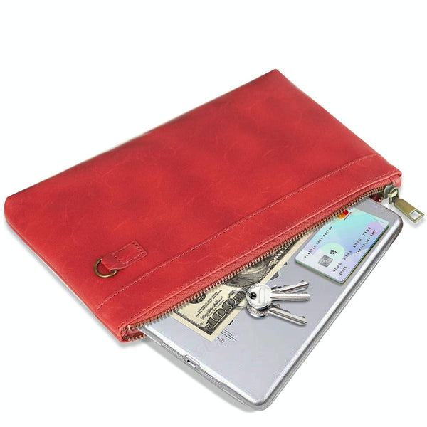 Leather Envelope Clutch With Zipper Closure Dark Blue Wallets