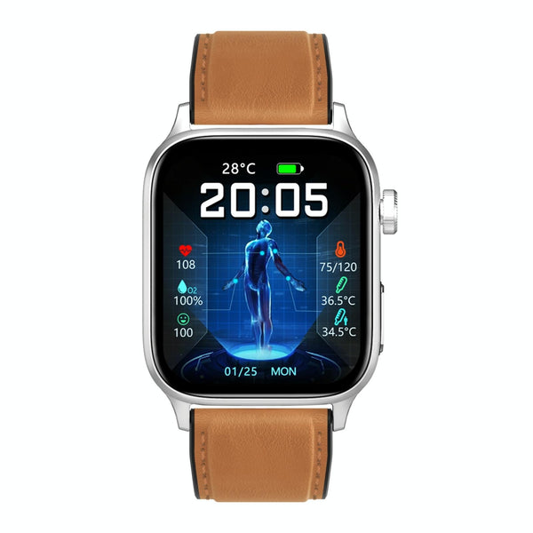 1.85 Inch Tft Smartwatch Leather Band Bluetooth Call Temp Oxygen Heart Monitor_Brown Smart Watches