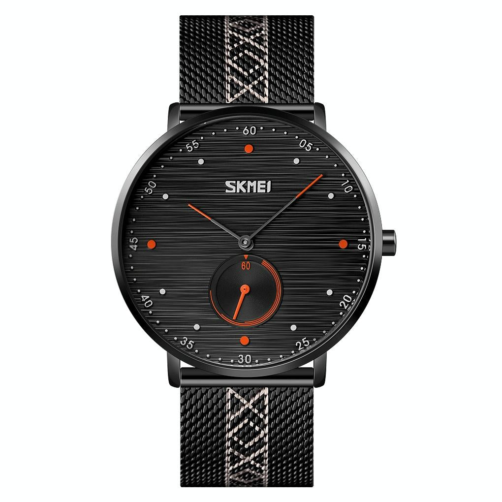 Men Striped Arabic Numeral Mesh Quartz Watch Horizontal Design Orange Watches