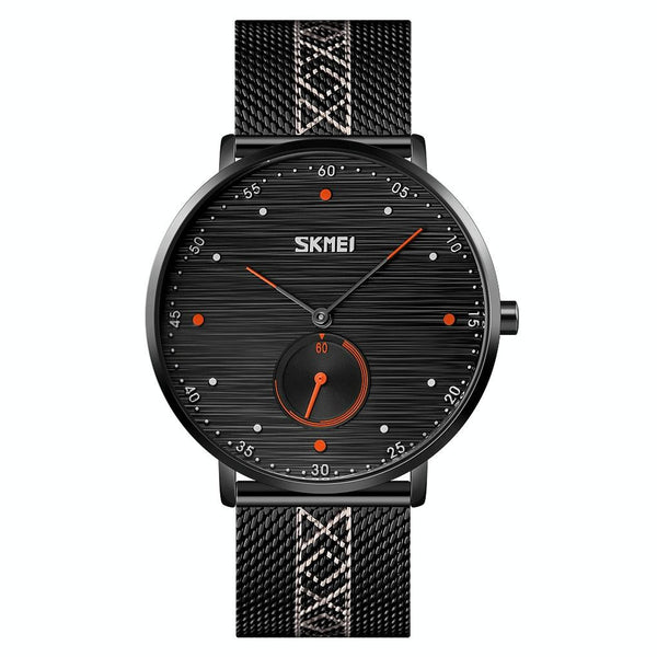 Men Striped Arabic Numeral Mesh Quartz Watch Horizontal Design Orange Watches