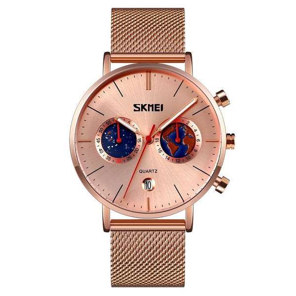 Men Stainless Steel Quartz Watch With Map Pattern Calendar 9231 Rose Gold Watches