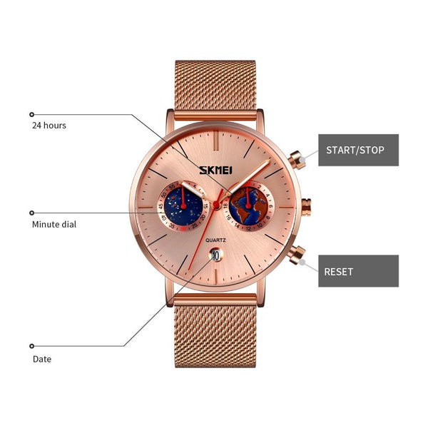 Men Stainless Steel Quartz Watch With Map Pattern Calendar 9231 Rose Gold Watches