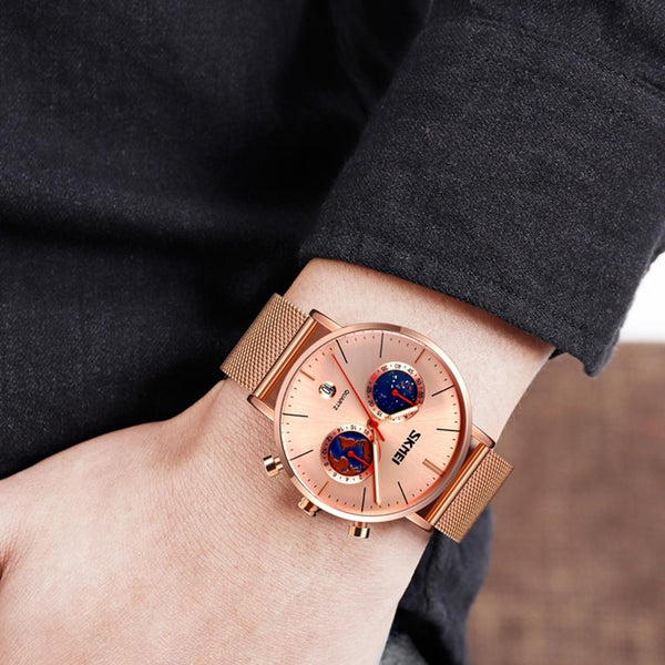 Men Stainless Steel Quartz Watch With Map Pattern Calendar 9231 Rose Gold Watches
