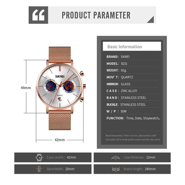 Men Stainless Steel Quartz Watch With Map Pattern Calendar 9231 Rose Gold Watches