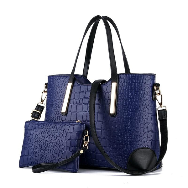 2 In 1 Messenger Bag With Crocodile Pattern And Leather Wallet Dark Blue Bags