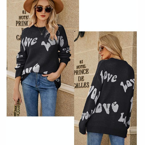 Women Round Neck Knitted Sweater Letters Jacquard Pullover Size Black Jumpers & Cardigans