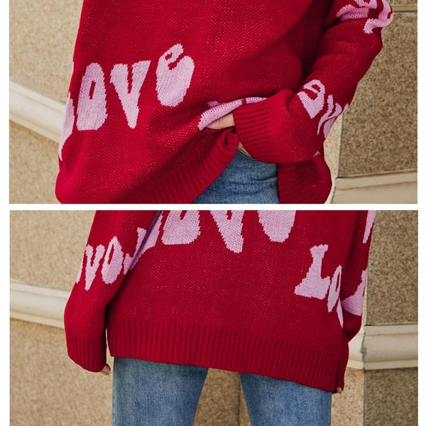 Women Round Neck Knitted Sweater Letters Jacquard Pullover Size Black Jumpers & Cardigans