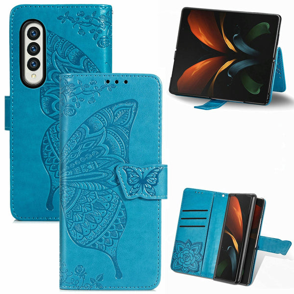 For Samsung Galaxy Z Fold4 5G Embossed Butterfly Love Leather Case Flower Design Blue Cases Covers & Skins