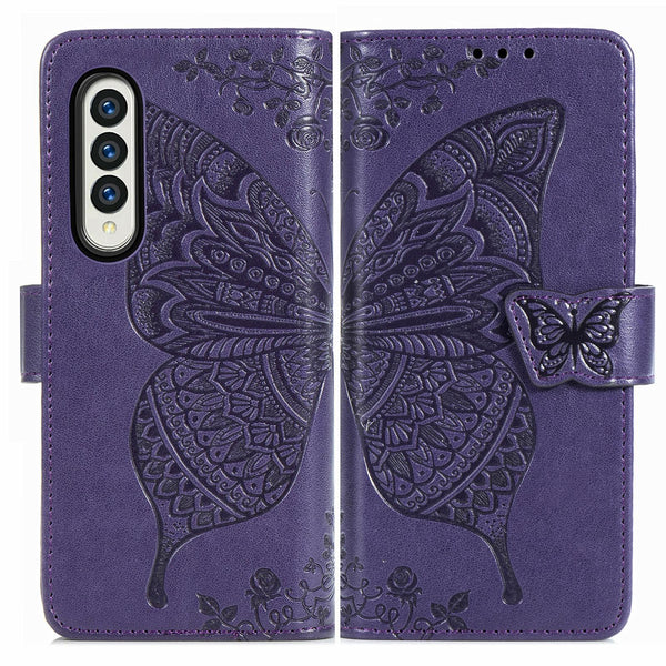 For Samsung Galaxy Z Fold4 5G Embossed Butterfly Love Leather Case Flower Design Blue Cases Covers & Skins