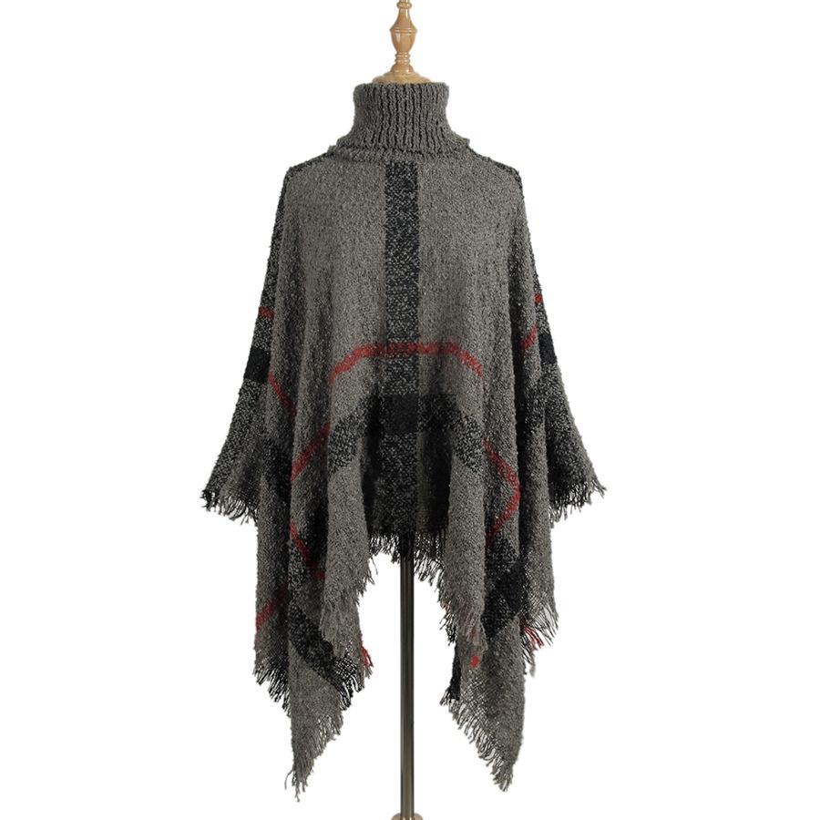 Women Mid Length Turtleneck Sweater Fringed Cloak Shawl Grey Free Size Scarves & Wraps