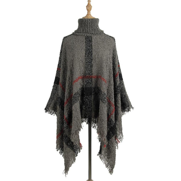 Women Mid Length Turtleneck Sweater Fringed Cloak Shawl Grey Free Size Scarves & Wraps
