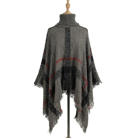 Women Mid Length Turtleneck Sweater Fringed Cloak Shawl Grey Free Size Scarves & Wraps