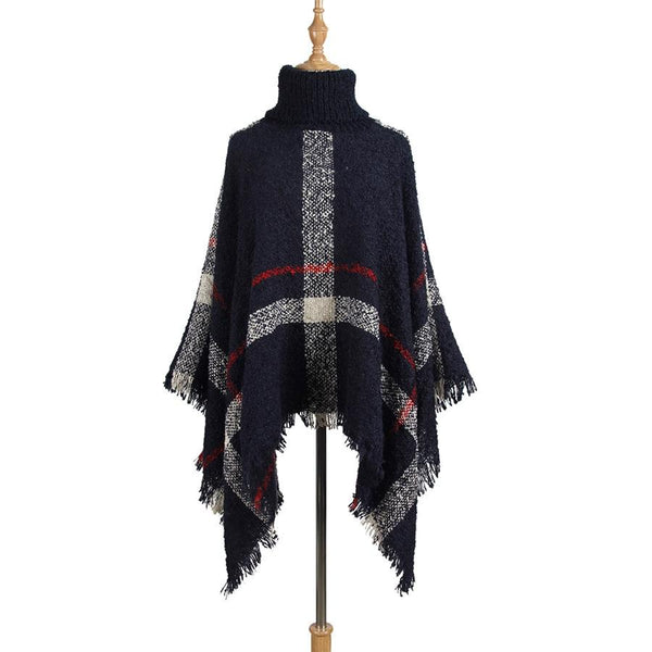 Women Mid Length Turtleneck Sweater Fringed Cloak Shawl Grey Free Size Scarves & Wraps