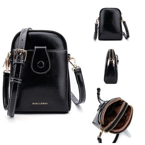 Oil Wax Leather Double Zip Crossbody Phone Bag Black Women's Bags & Handbags