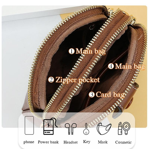 Oil Wax Leather Double Zip Crossbody Phone Bag Black Women's Bags & Handbags