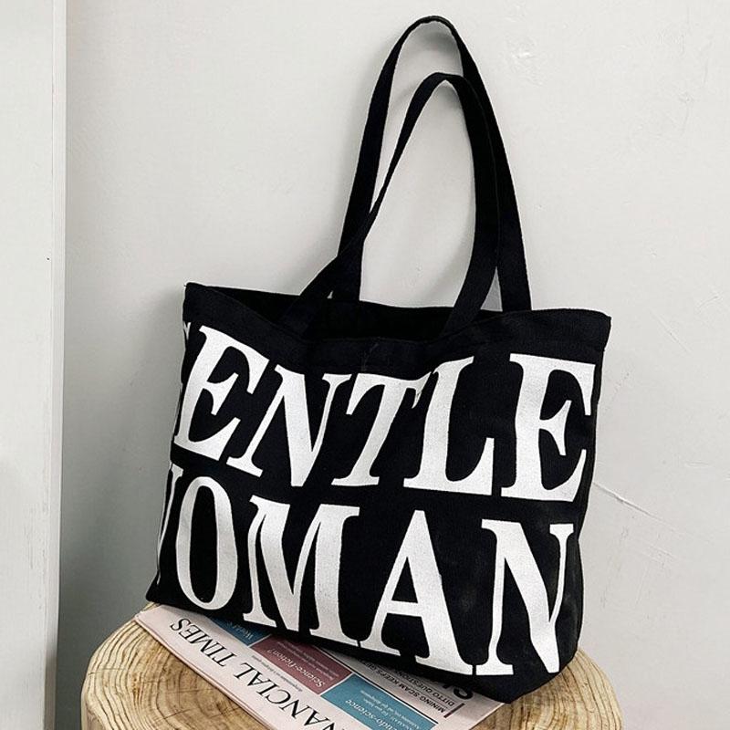 Black Women Canvas Shoulder Tote Printed Letters Women's Bags & Handbags